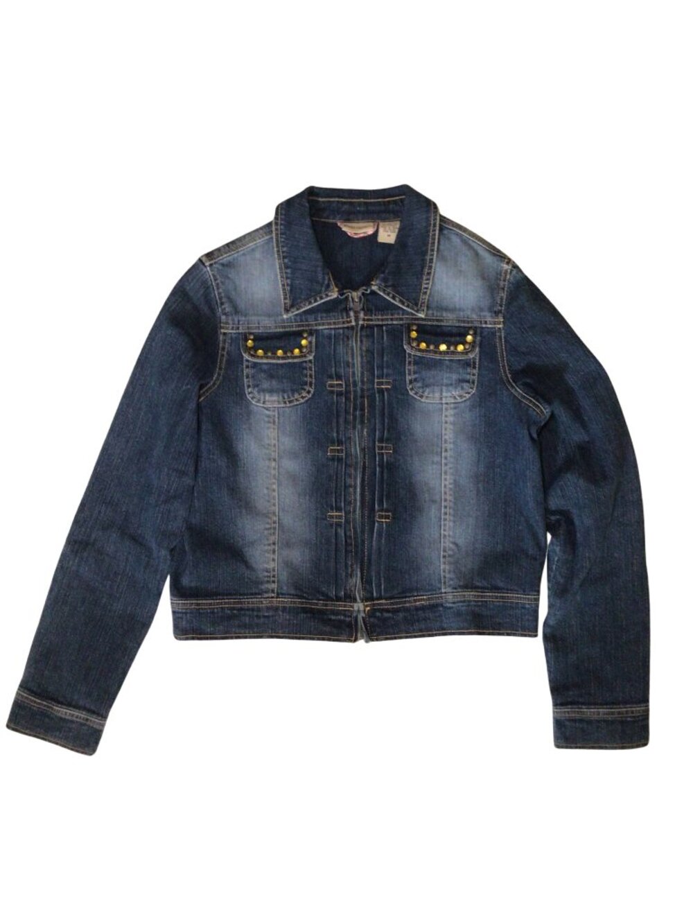 Ruff Hewn Jacket Women’s M Medium Blue Denim Jean Zip Front Embellished Cropped